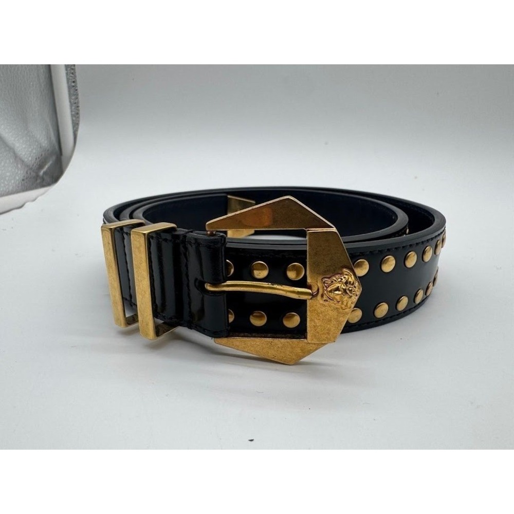 Versace Black Leather Studded Belt Gold Medusa Head Geometric Buckle Waist Belt - Picture 2 of 12